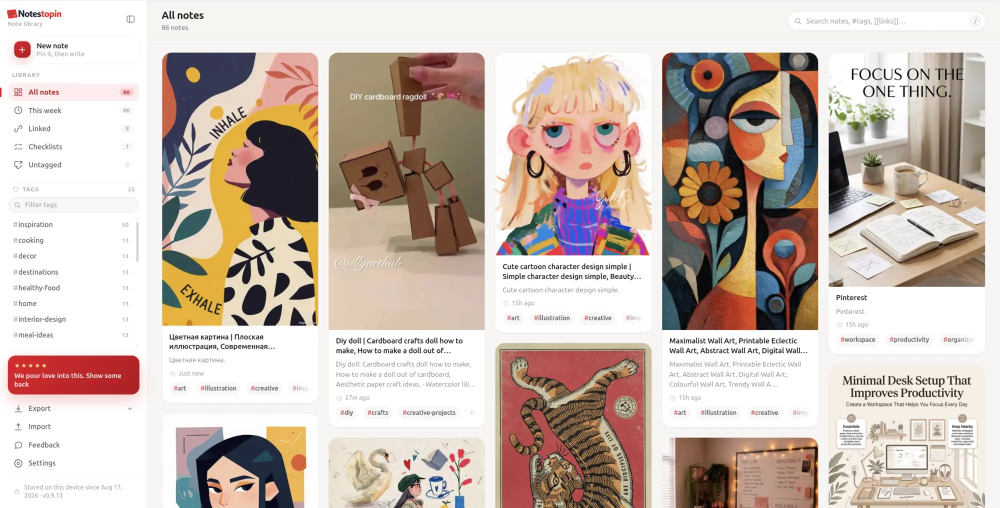 Notestopin dashboard showing a searchable Pinterest note library